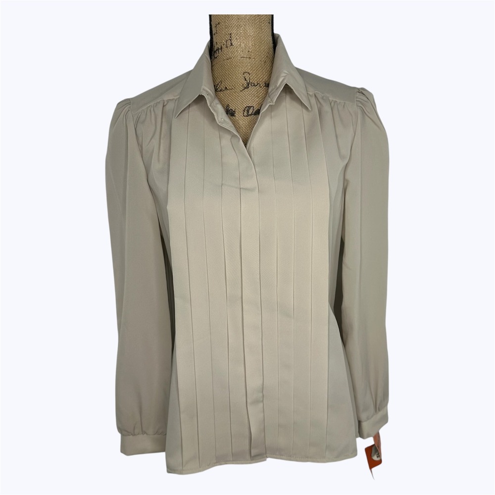 Vtg Nikki Secretary‎ Blouse Taupe Pleated Front Puff Shoulder 80s USA Sz 11/12